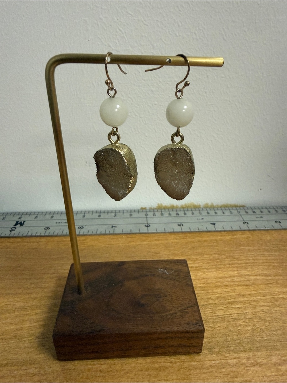 Gold tone drop dangle faux geode rock earrings